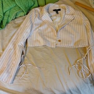 Striped White Cropped Blazer with Ties